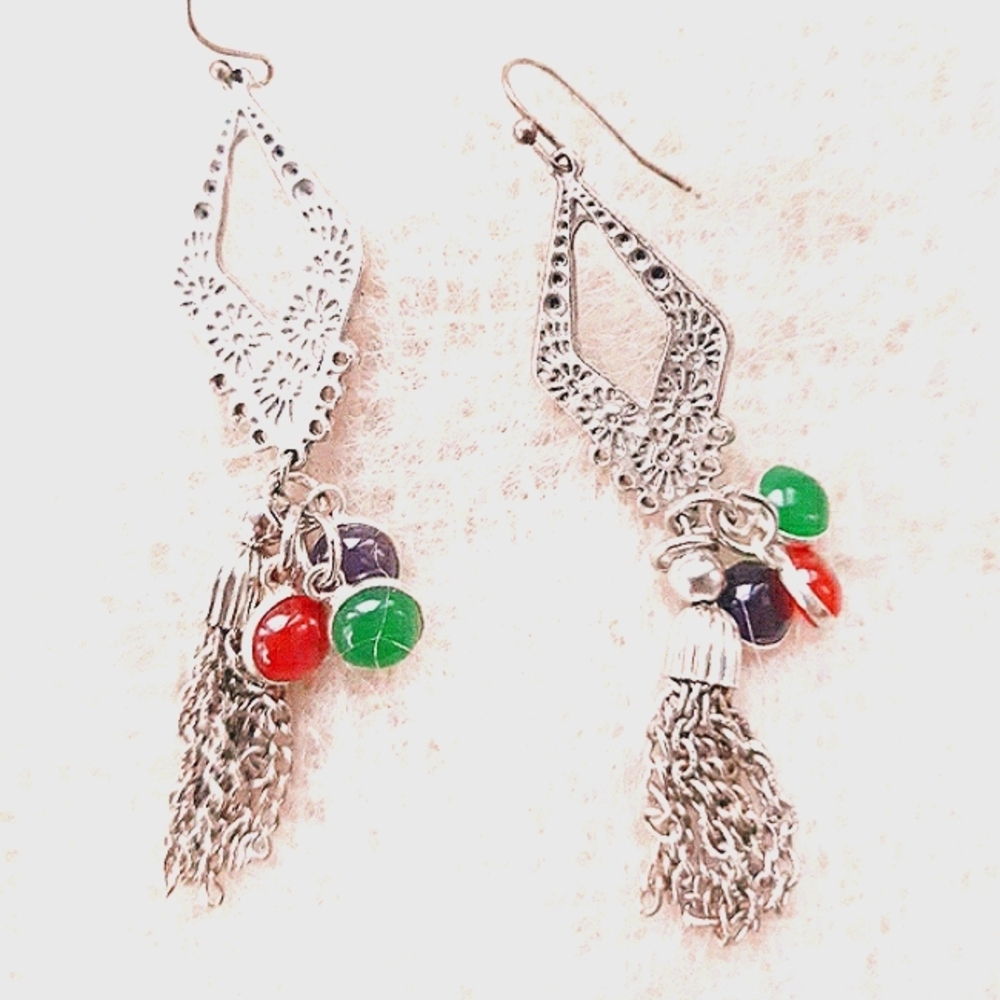 NWT Bohemian Gemstone & Chain Tassel Earrings - Picture 2 of 3